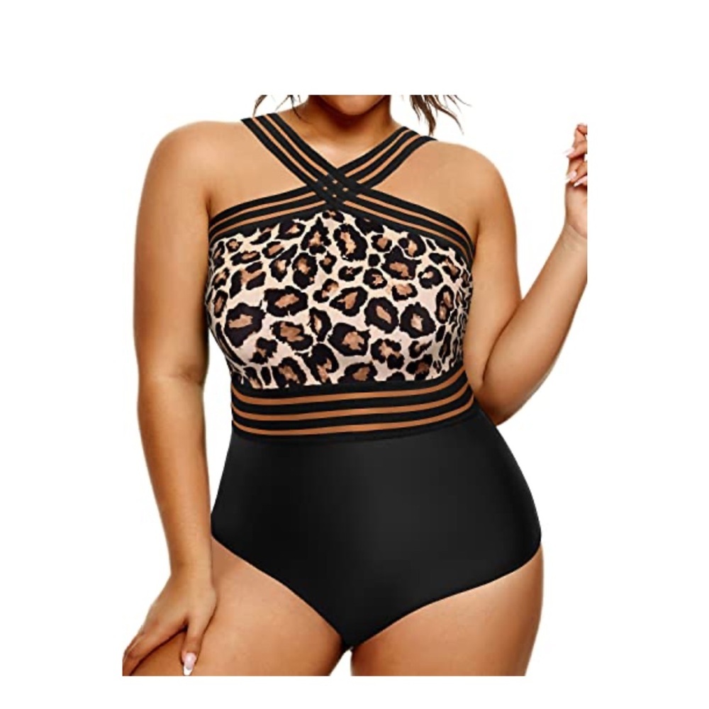 Crisscross One Piece Swimsuit with Tummy Control and Mesh Straps Plus Size 18W